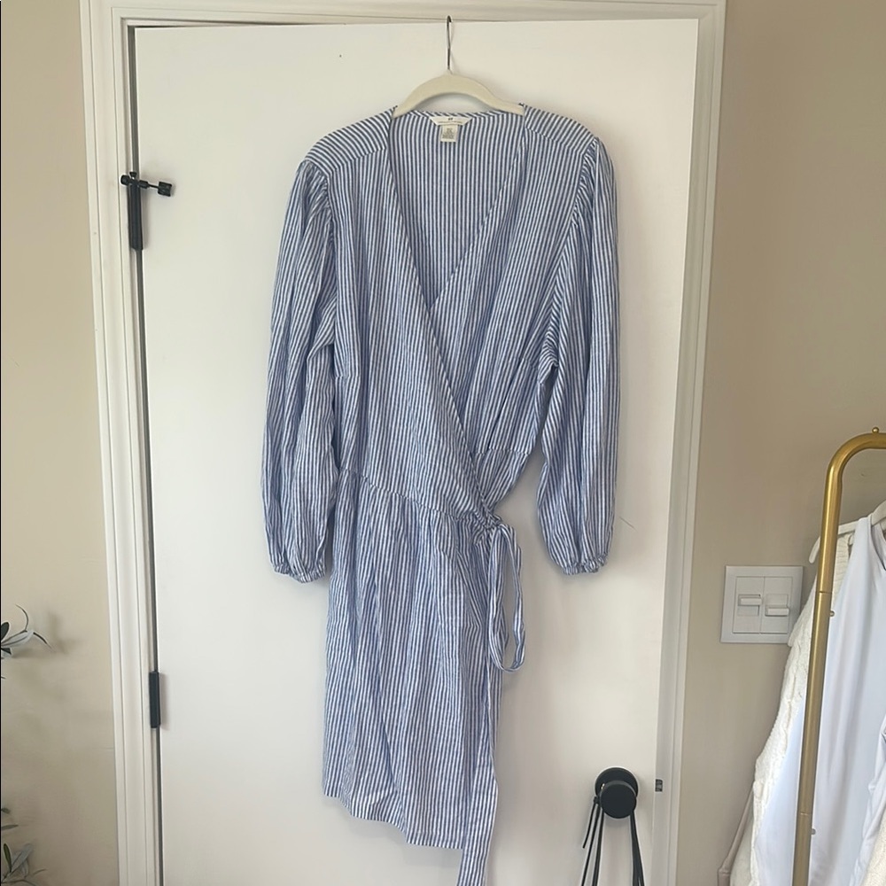 H&M Blue Wrap Dress with V-Neck and Long Bishop Sleeves
